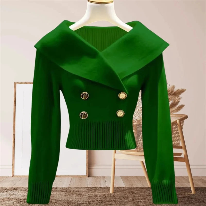 2025 AutumnWinter Advanced Comfortable Women's Knitting Pullover Sweater Korean Version Big Flip CollarFemme Jumpers Sweater