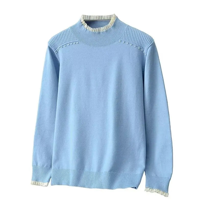 4XL PLUS Size Women's Sweater Autumn And Winter Lace Stitching Mock Neck Beaded Shoulder Fashion Knitted Pullover Jumpers 2271