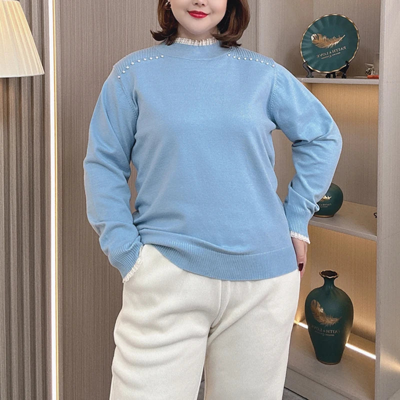 4XL PLUS Size Women's Sweater Autumn And Winter Lace Stitching Mock Neck Beaded Shoulder Fashion Knitted Pullover Jumpers 2271