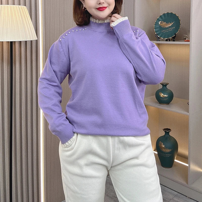 4XL PLUS Size Women's Sweater Autumn And Winter Lace Stitching Mock Neck Beaded Shoulder Fashion Knitted Pullover Jumpers 2271