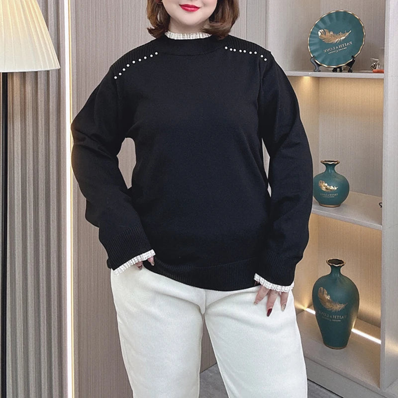 4XL PLUS Size Women's Sweater Autumn And Winter Lace Stitching Mock Neck Beaded Shoulder Fashion Knitted Pullover Jumpers 2271