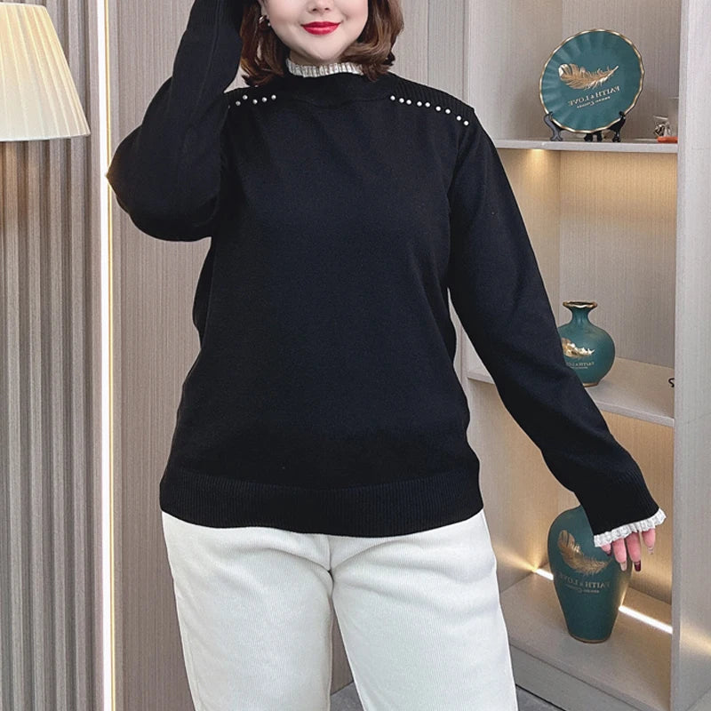 4XL PLUS Size Women's Sweater Autumn And Winter Lace Stitching Mock Neck Beaded Shoulder Fashion Knitted Pullover Jumpers 2271