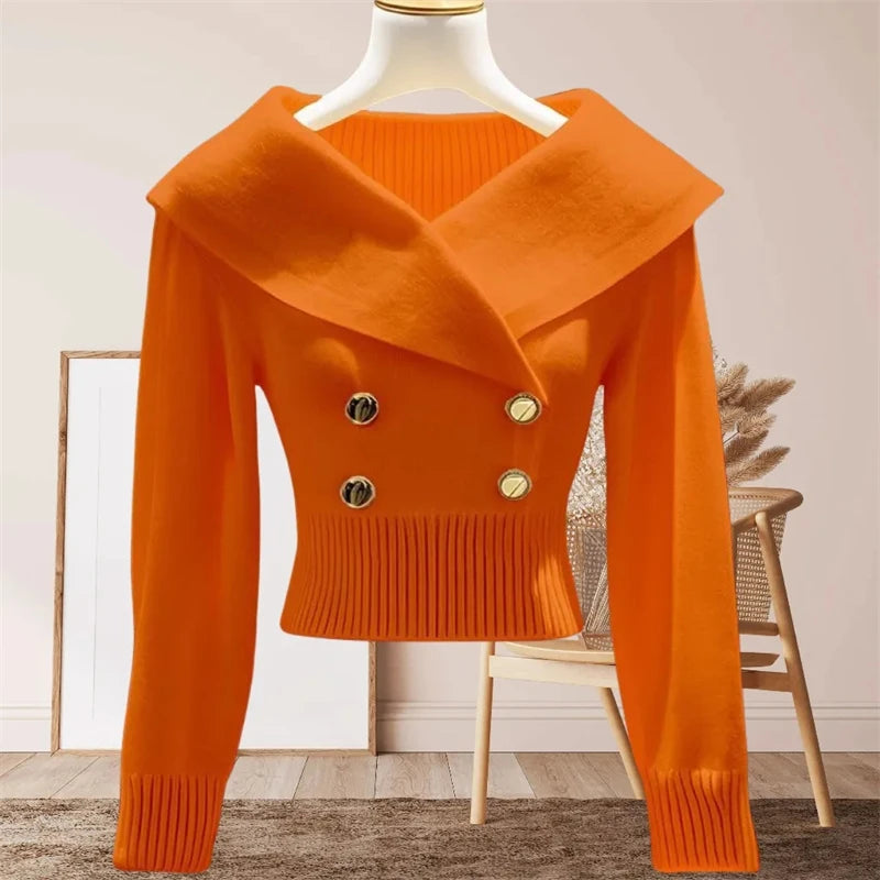 2025 AutumnWinter Advanced Comfortable Women's Knitting Pullover Sweater Korean Version Big Flip CollarFemme Jumpers Sweater